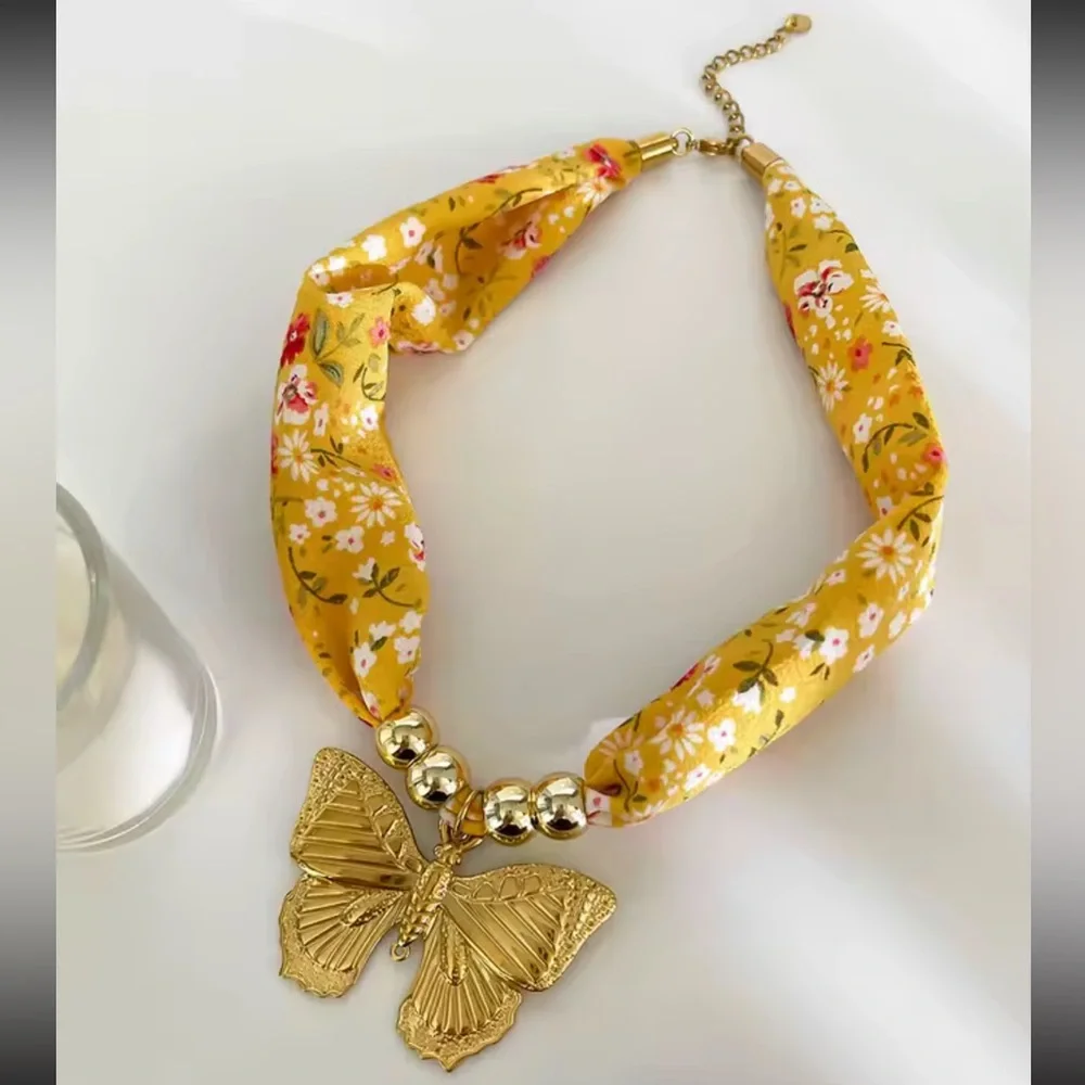 Golden Butterfly 18K Gold Stainless Steel Floral Scarf Choker Necklace - Picture 9 of 11